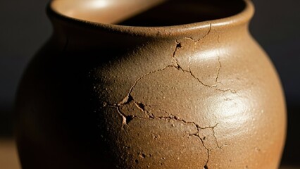Close up of an aged clay pot with visible cracks and textured surface for rustic decor or art and craft presentation.