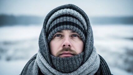 Portrait of a caucasian man bundled in warm winter clothing. Winter weather and outdoor activity. Cold season apparel for protection from frost.