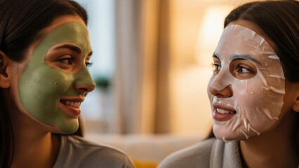 Two women having a spa night. Friends applying face mask and sheet mask. Skincare routine and beauty treatment. Wellbeing and relaxation.