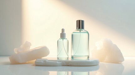 Minimal Luxury Perfume and Skincare Bottles with Soft Light, Clean Beauty Background