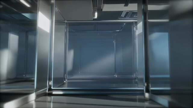 A perspective view of a translucent, glass-like corridor. The interior is bathed in soft, diffused light, highlighting reflective surfaces
