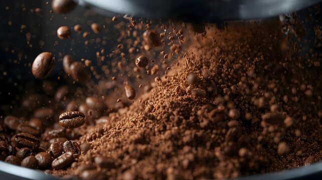 Extreme close-up of coffee beans grinding in burr grinder - Powered by Adobe