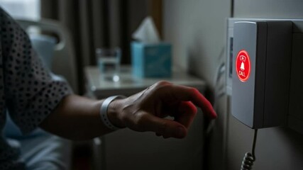 A close-up of a patient's hand in a hospital gown pressing a nurse call button, indicating the urgent need for assistance in a healthcare environment
