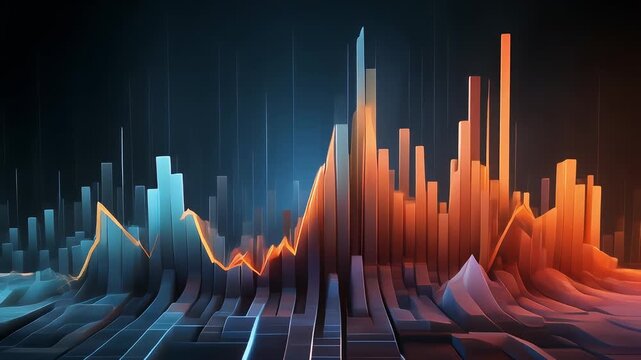 A vibrant data visualization showing a 3D bar chart with an overlaying line, gradients of blue to orange create depth and energy