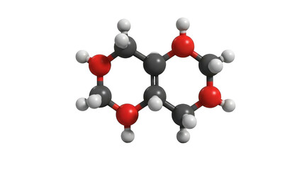 3 D molecular model of a glucose molecule with red oxygen atoms and gray carbon atoms isolated on a transparent background