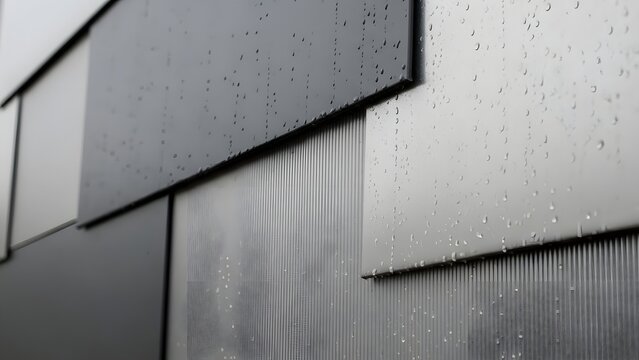 Modern Building Facade with Raindrops on Metal Panels.