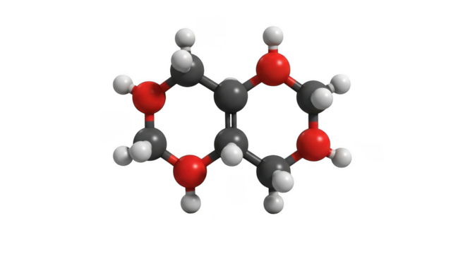 3 D molecular model of a glucose molecule with red oxygen atoms and gray carbon atoms isolated on a transparent background - Powered by Adobe