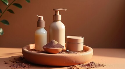 Natural Skincare Products Set with Pump Bottles, Clay Mask, Minimal Spa Background