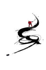 Expressive mixed media hockey player with black ink brush stroke motion. Concept of hockey speed...
