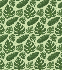 Seamless tropical pattern with green leaves. Background with exotic botanical elements