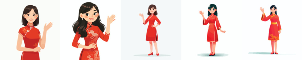 Vector woman saying hello. Chinese New Year. Vector, minimalist, illustration, icon set.