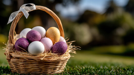 Easter egg basket with straw and colorful eggs on grass