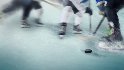 Dynamic ice hockey action artwork with motion blur on ice surface. Concept of speed, competition, professional hockey gameplay, athletic performance, and intense sports moments. © Lustre Art Group 