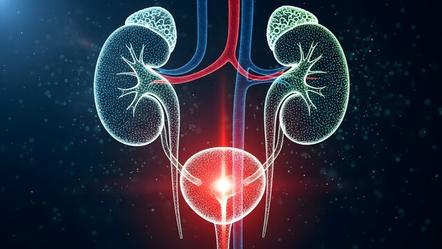 Digital illustration of human kidneys and urinary system. Medical healthcare and anatomy science. Glowing blue and green kidneys with bladder shown on a dark scientific background
