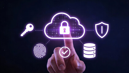 Hand touching cloud lock hologram for secure cloud computing with encryption key fingerprint database and shield icons representing cybersecurity and data privacy