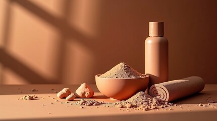 Natural Clay Skincare Products with Cosmetic Bottle, Spa Beauty Minimal Background