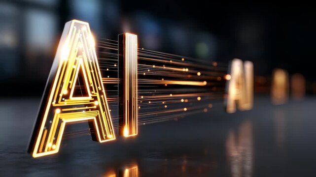 Golden illuminated AI typography with streaming light effects represents the power and speed of artificial intelligence. High tech digital art highlights cutting edge advancements and future trends