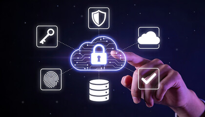 Hand selecting cloud security lock interface with connected shield key fingerprint database and verification icons showing secure network access and protected cloud storage