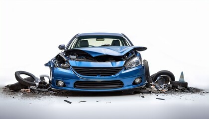 damaged blue car with crumpled front end showcasing aftermath of collision wreckage includes scattered debris on white background emphasizing severity of accident