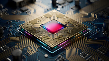 Advanced ai microchip with glowing core on futuristic circuit board, high performance processor technology, semiconductor innovation and modern digital computing concept