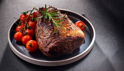 deliciously roasted meat with herbs and cherry tomatoes on plate