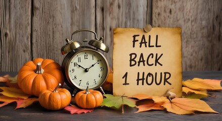 Fall Back One Hour Sign with Pumpkins and Alarm Clock