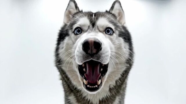 Humorous low-angle close-up of a husky dog's jaw dropping open in a comedic gasp of surprise and disbelief against a bright white seamless background pet video, funny, pet safety