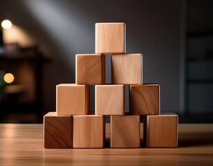 wooden cubes stacked in a creative pyramid shape on a table