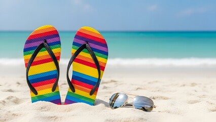 Obraz premium Rainbow striped flip flops and sunglasses on a tropical sandy beach. Summer vacation and travel concept. Colorful beachwear sitting on sand with ocean waves in background