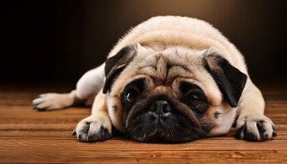 pug chillin on a wooden floor ideal for pet brand ads or social media posts