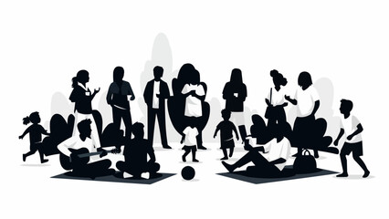 Diverse group of people in silhouette interacting together outdoors.