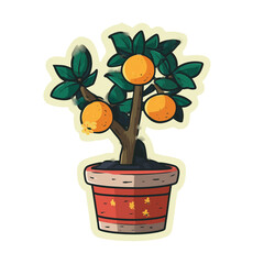 Mandarin Orange Tree Sticker Icon Decorative Pot Citrus Plant Flat Vector