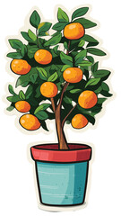 Lucky Citrus Tree Sticker Icon Tall Plant in Blue Pot Flat Vector