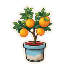 Chinese New Year Mandarin Orange Tree Sticker Icon in White Pot Flat Vector
