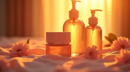 Luxury Skincare Bottles with Warm Sunlight, Spa Beauty Cosmetic Product Background