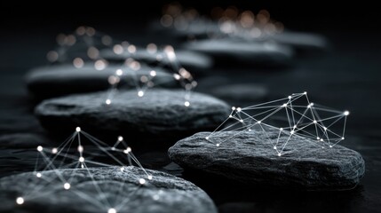 Clear stone pathways lead through an abstract landscape showcasing ai concepts and interconnected nodes on rocks.