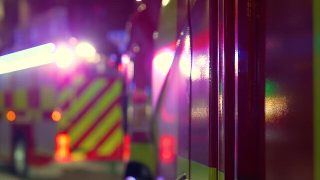 Emergency lights flashing on fire trucks parked in residential city area during nighttime response. Reflective surfaces glowing on firefighting vehicles standing close together on urban street