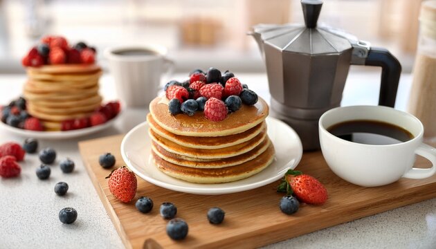 delicious pancakes with berries and coffee in a bright kitchen thuesday