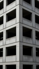 Modern Brutalist Concrete Building Facade with Repeating Window Patterns.