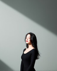Elegant Woman in Black Dress Posing with Soft Natural Light