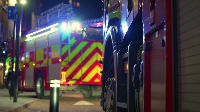 Fire truck participating in rescue operation with multiple fire engines standing on city street at night with flashing lights. Emergency response unfolding as firefighting vehicles remaining parked in