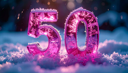 Icy number 50 in vibrant pink, winter frost, dark backdrop, cold textures and sparkling snow.