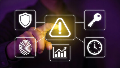 Hand activating security warning alert interface with shield key fingerprint analytics and time icons for cyber threat detection risk monitoring and incident response