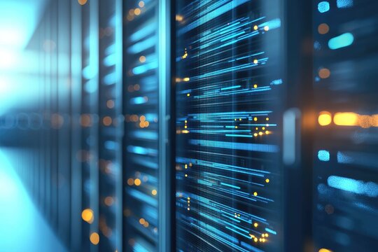 Futuristic cloud data server racks inside IT data center with flowing blue network streams and status lights, idea for enterprise hosting and digital infrastructure visuals - Powered by Adobe