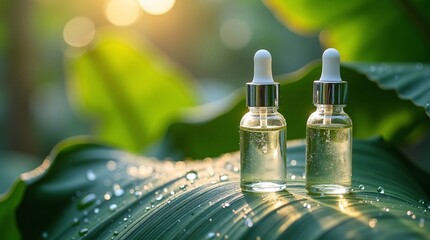 Clear essential oil bottles on dewy leaf with sunlight. Natural skincare, herbal wellness, and eco beauty