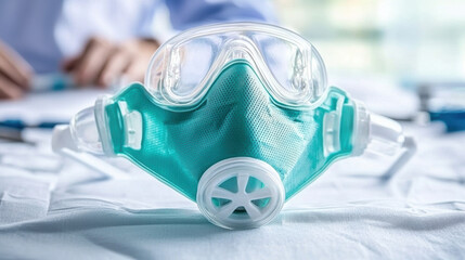 Respirator mask with clear protective goggles on white surface, designed for safety and comfort in medical or industrial use