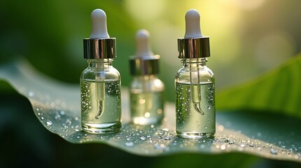 Clear serum bottles on green leaf with dew and sunlight. Natural skincare, herbal wellness, and eco beauty.