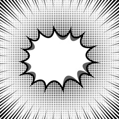 Fototapeta premium Retro comic explosion burst frame with black halftone. Boom or bubble Star sound effect. Cartoon style speech bubble or starburst graphic element for pop art background, poster frame illustration. 