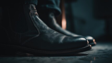 Dark leather ankle boots rest upon a textured surface with dim ambient lighting