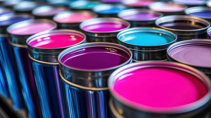 Open cans filled with vibrant colorful paint manufacturing setting showing bright magenta, purple, blue, and pink shades with glossy liquid